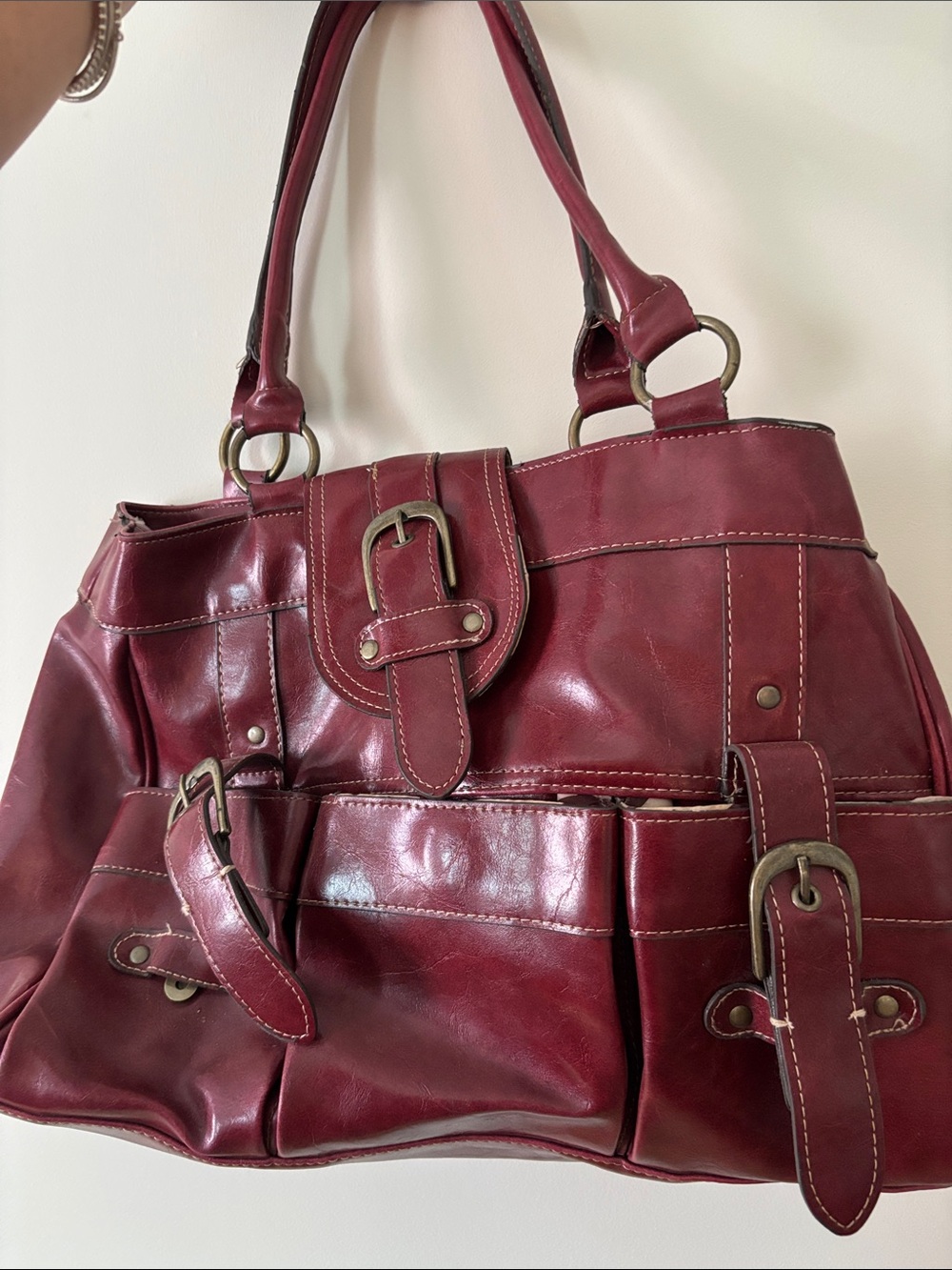 Burgundy Leather Shoulder Bag with Buckle Details